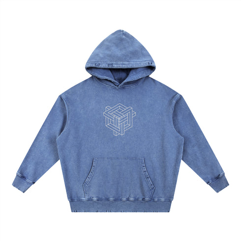 Blue hoodie with geometric design on a white background